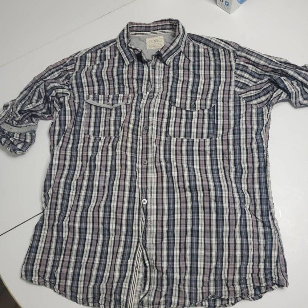Pd&c Mens Button Front Shirt‎ White Blue Plaid Long Sleeve Pockets Cotton XL